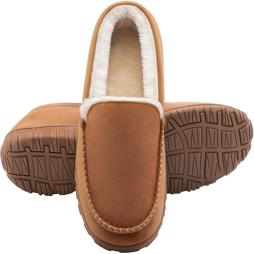 shoeslocker Moccasins for Men House Slippers Indoor Outdoor Plush Mens Bedroom Shoes with Hard Sole Beige 10 M US - Image 1