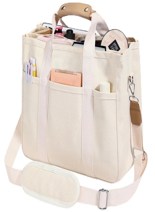 CHICGLOW Canvas Tote Bag with Multi Pockets Crossbody Bags for Women Shoulder Handbag Everything Tote Bag with Compartments White - Image 1