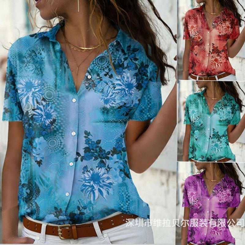 Women's Short Sleeve Printed Blouse - Image 1
