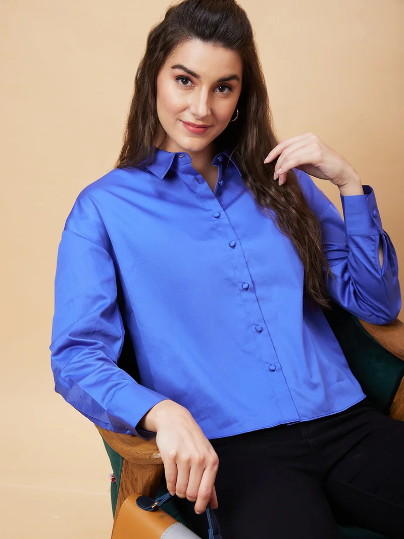 globus Globus Women Blue Pure Cotton Shirt Style Top