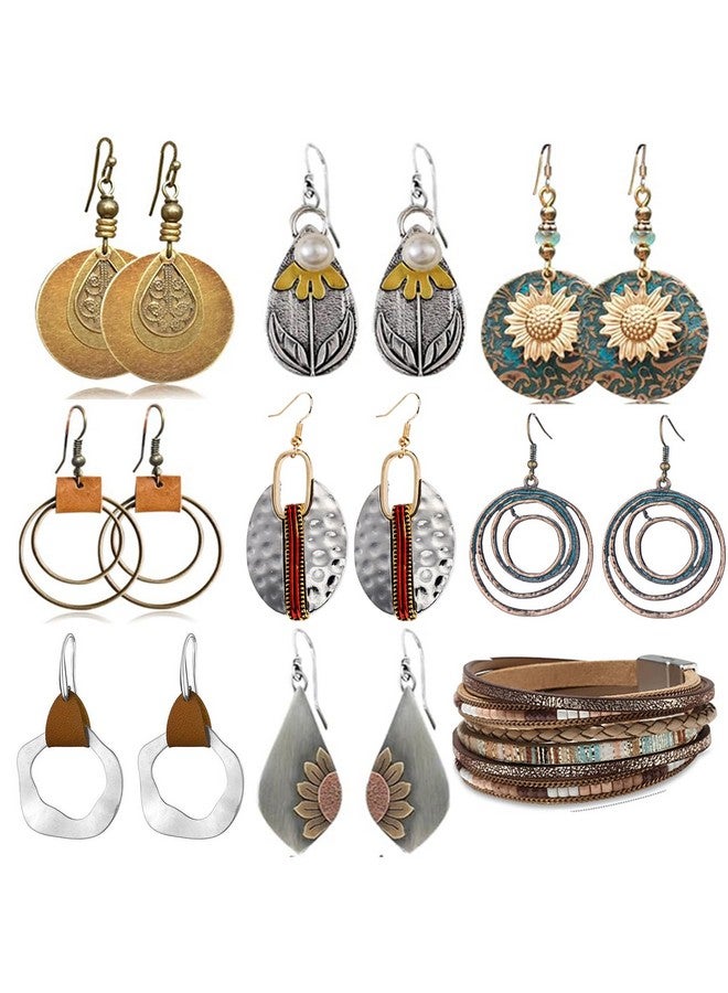 FIFATA 9 Pairs Boho Earrings For Women Vintage Jewelry Set Teardrop Sunflower Dangle Earrings With Leather Wrap Bracelets Christmas Gifts - Image 1