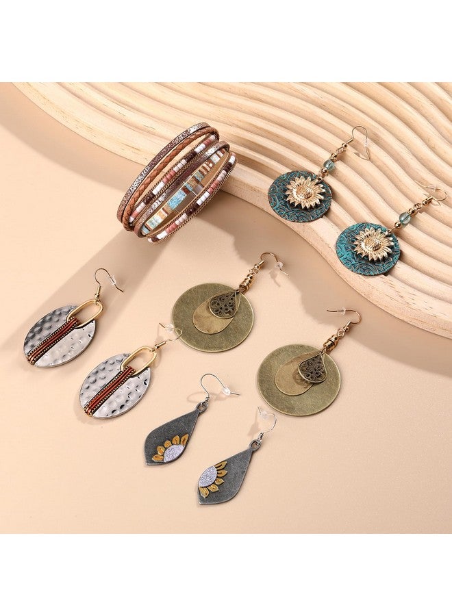FIFATA 9 Pairs Boho Earrings For Women Vintage Jewelry Set Teardrop Sunflower Dangle Earrings With Leather Wrap Bracelets Christmas Gifts - Image 3