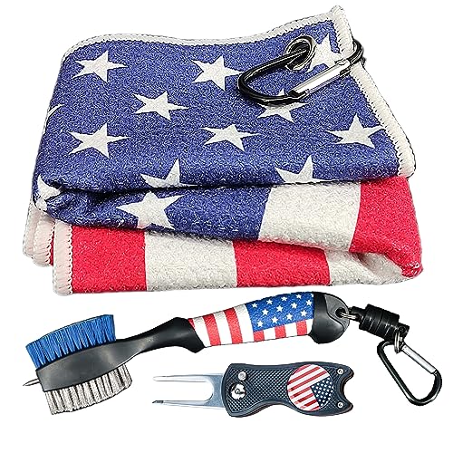 Golfupp Golf Club Brush and Amercian Flag Golf Towels, Golf Groove Cleaner Cleaning kit, Golf Accessories Cleaner Tool with Strong Magnet Stick to Golf Clubs or Bag (3-in-1 Accessories) - Image 1