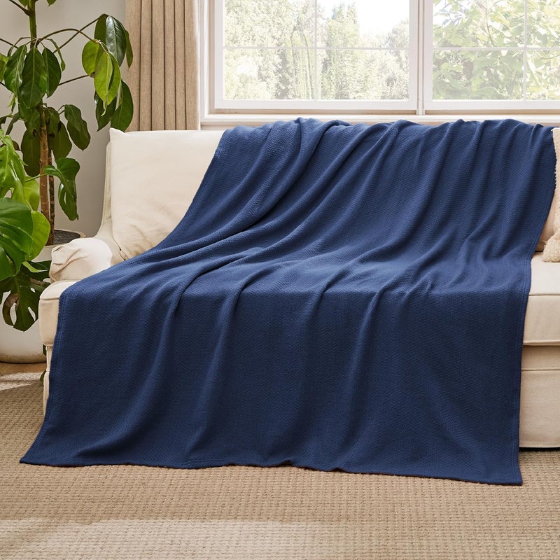 Bedsure GentleSoft 100% Cotton Blanket Full Size for Bed - Breathable and Lightweight, Soft Cozy Textured Herringbone Woven Blanket for Summer Spring, Navy Blue, 80x90 inches - Image 5