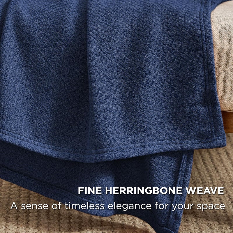 Bedsure GentleSoft 100% Cotton Blanket Full Size for Bed - Breathable and Lightweight, Soft Cozy Textured Herringbone Woven Blanket for Summer Spring, Navy Blue, 80x90 inches - Image 3