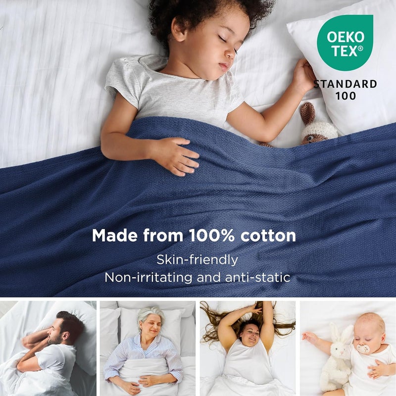 Bedsure GentleSoft 100% Cotton Blanket Full Size for Bed - Breathable and Lightweight, Soft Cozy Textured Herringbone Woven Blanket for Summer Spring, Navy Blue, 80x90 inches - Image 2