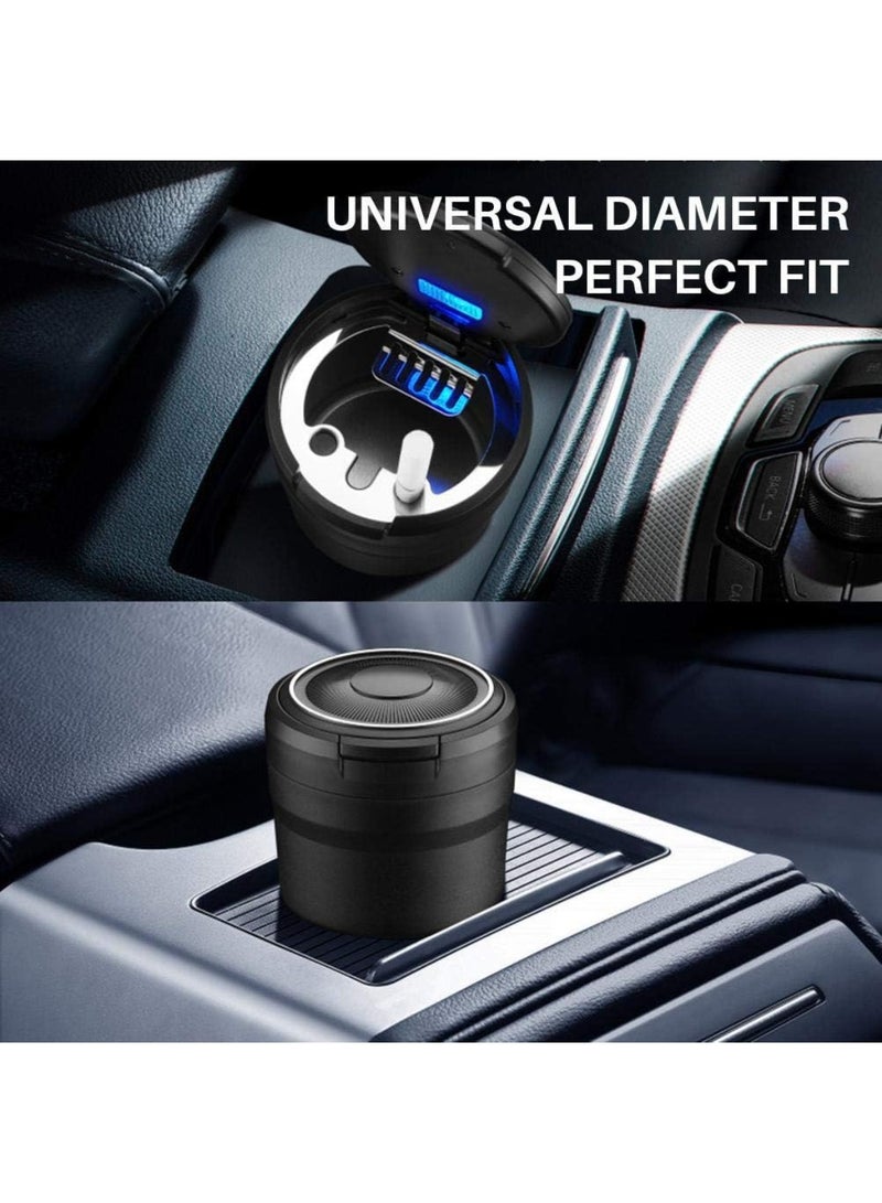 طفاية سجائر سيارة HEITIGN مع غطاء وإضاءة LED، منفضة سجائر محمولة للسيارة، سلة مهملات صغيرة مقاومة للماء للسفر في الهواء الطلق والسيارة والاستخدام المنزلي (أسود) - Image 1