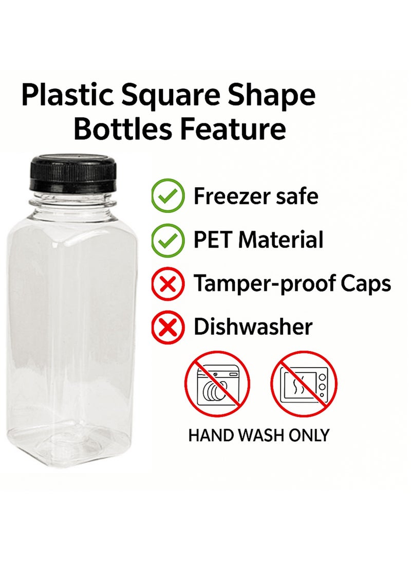 Lavish Empty Plastic Reusable Square Bottles 12Pcs 100ml/4Oz | Transparent Juice, Milk, Water Storage Containers with Black Caps | Portable Travel Size Beverage Bottles - Image 2