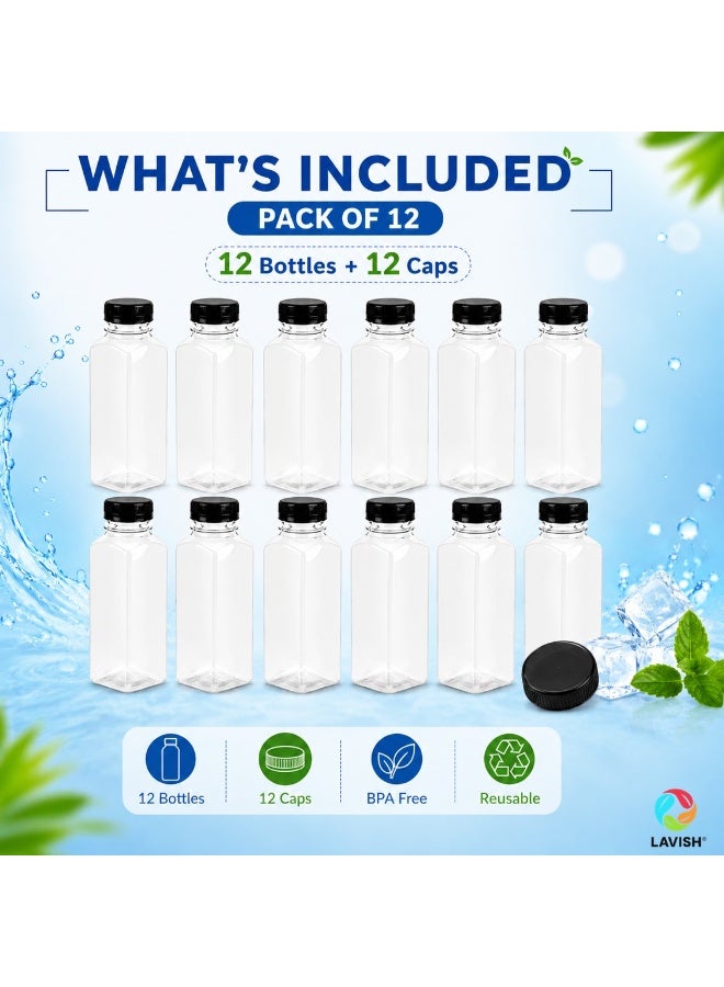 Lavish Empty Plastic Reusable Square Bottles 12Pcs 100ml/4Oz | Transparent Juice, Milk, Water Storage Containers with Black Caps | Portable Travel Size Beverage Bottles - Image 2