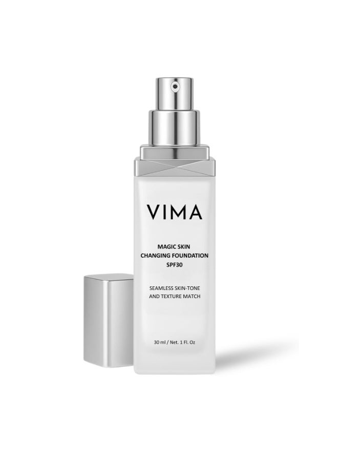 VIMA - Base de maquillaje que cambia de color con protector solar, sin fragancia, sin parabenos y maquillaje vegano, cobertura ligera, de larga duración, 1 onza líquida - Image 1