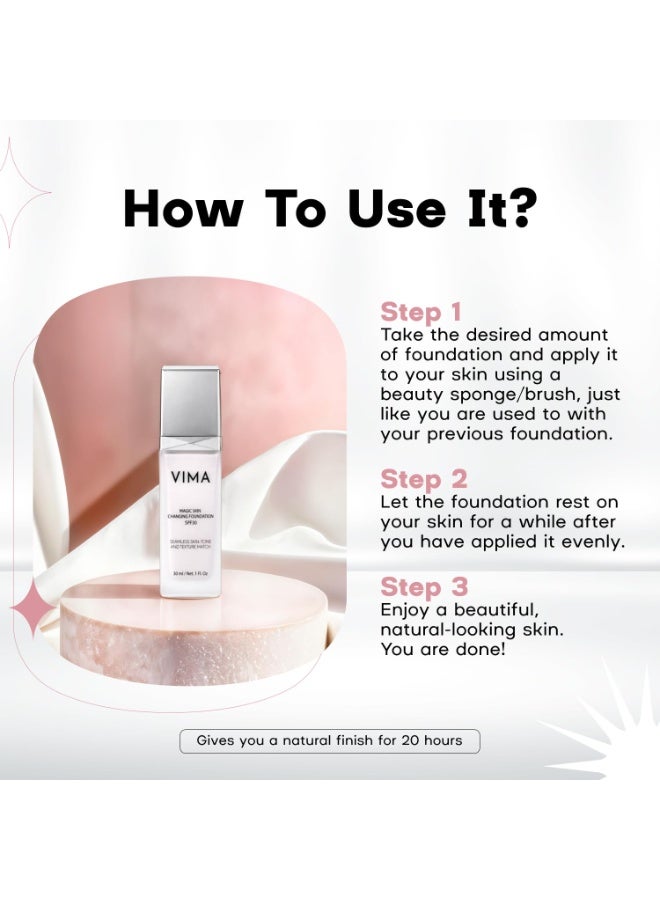 VIMA - Base de maquillaje que cambia de color con protector solar, sin fragancia, sin parabenos y maquillaje vegano, cobertura ligera, de larga duración, 1 onza líquida - Image 4