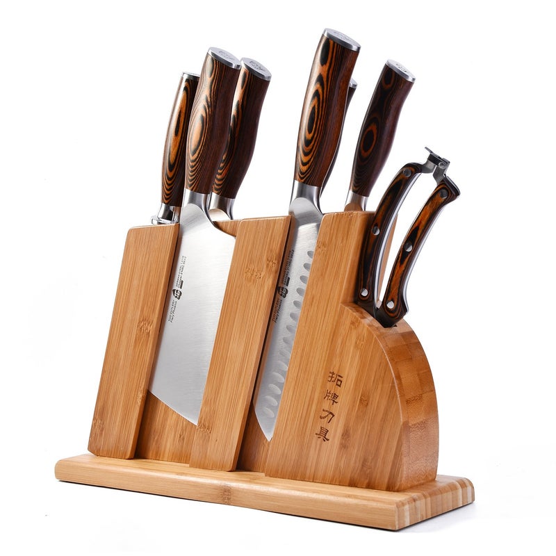 TUO 8pcs Kitchen Knife Set  Forged German X50CrMoV15 Steel  Rust Resistant  Full Tang Pakkawood Ergonomic Handle  Kitchen Knives Set with Wooden Block  Fiery Phoenix Series
