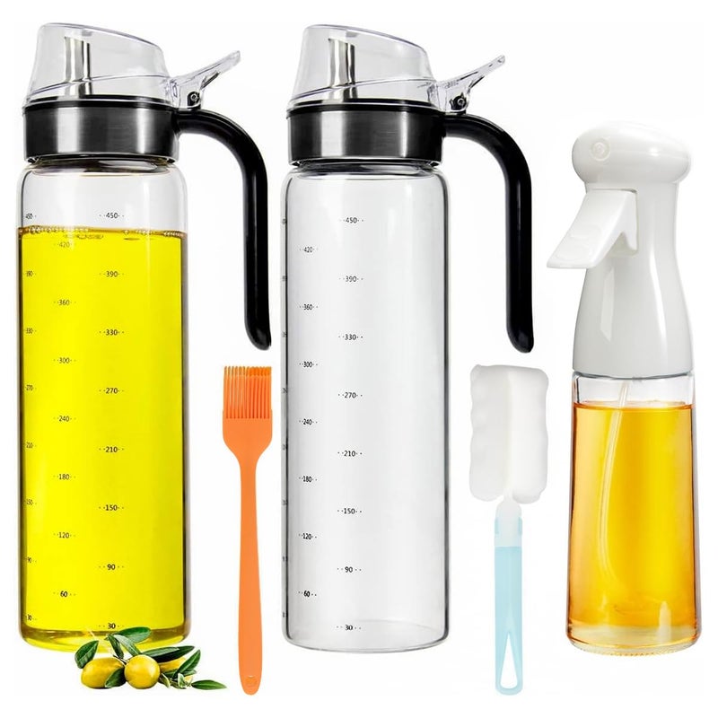 WERTIOO 2Pack Glass Cooking Olive Oil Bottle with 1Pack 200ml Spray Bottle WERTIOO 450ML15oz Auto Flip Oil Dispenser Bottle for Kitchen Cooking Oil and Vinegar Container - Image 1