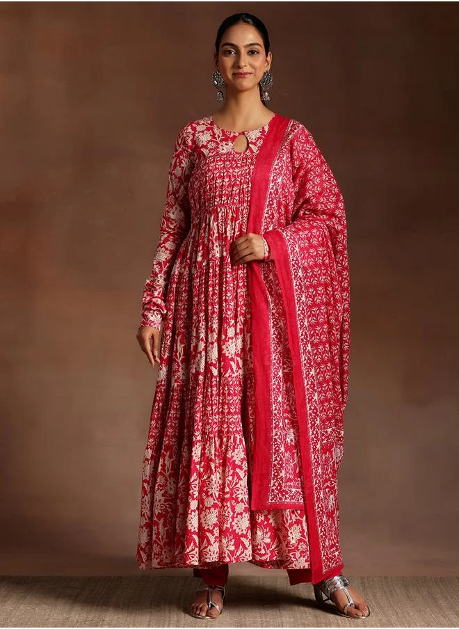 Libas Printed A-Line Kurta and Solid Trousers with Dupatta Set by Styli