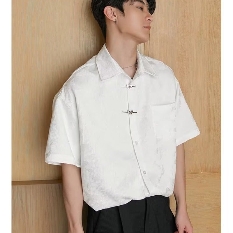New Chinese style mens short sleeve shirt mens summer high-grade jacquard texture shirt fashion brand half sleeve coat White