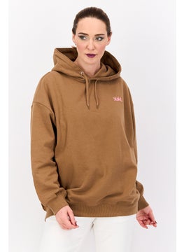 Women Brand Logo Long Sleeves Hooded Sweatshirt, Brown