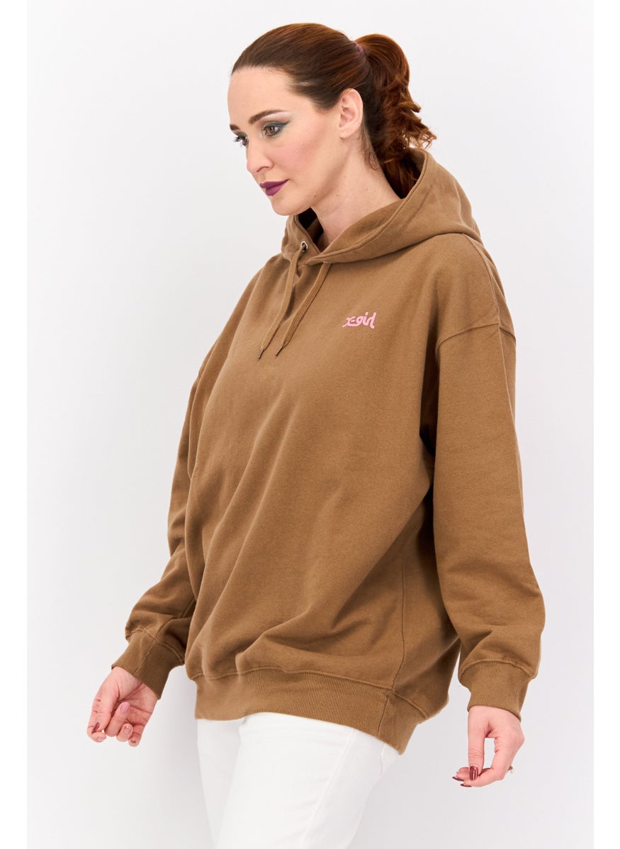 X-Girl - Women Brand Logo Long Sleeves Hooded Sweatshirt, Brown - Image 1