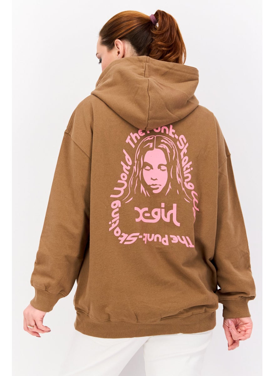 X-Girl - Women Brand Logo Long Sleeves Hooded Sweatshirt, Brown - Image 1