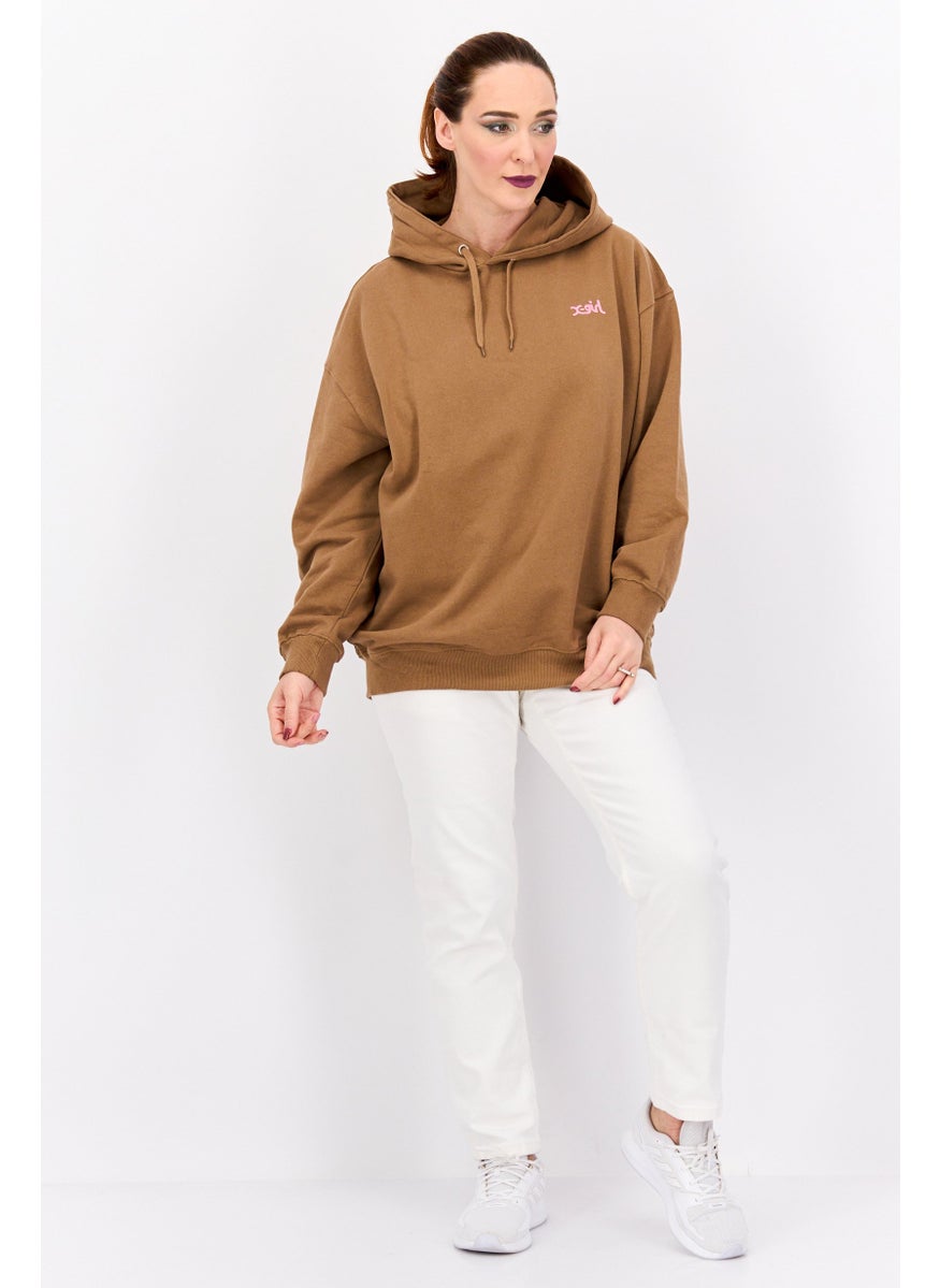 X-Girl - Women Brand Logo Long Sleeves Hooded Sweatshirt, Brown - Image 1