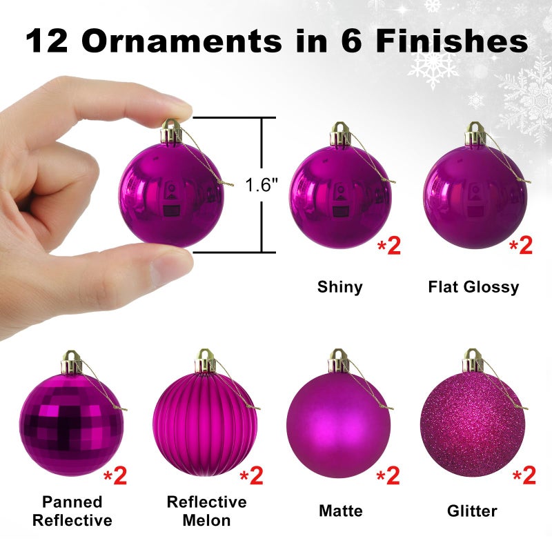 GameXcel Fuchsia 1.6"" Small Christmas Balls Christmas Tree Decoration Ornaments Shatterproof Hanging Balls for Birthday Halloween Holiday Wedding Decorations Set of 12pcs - Image 2