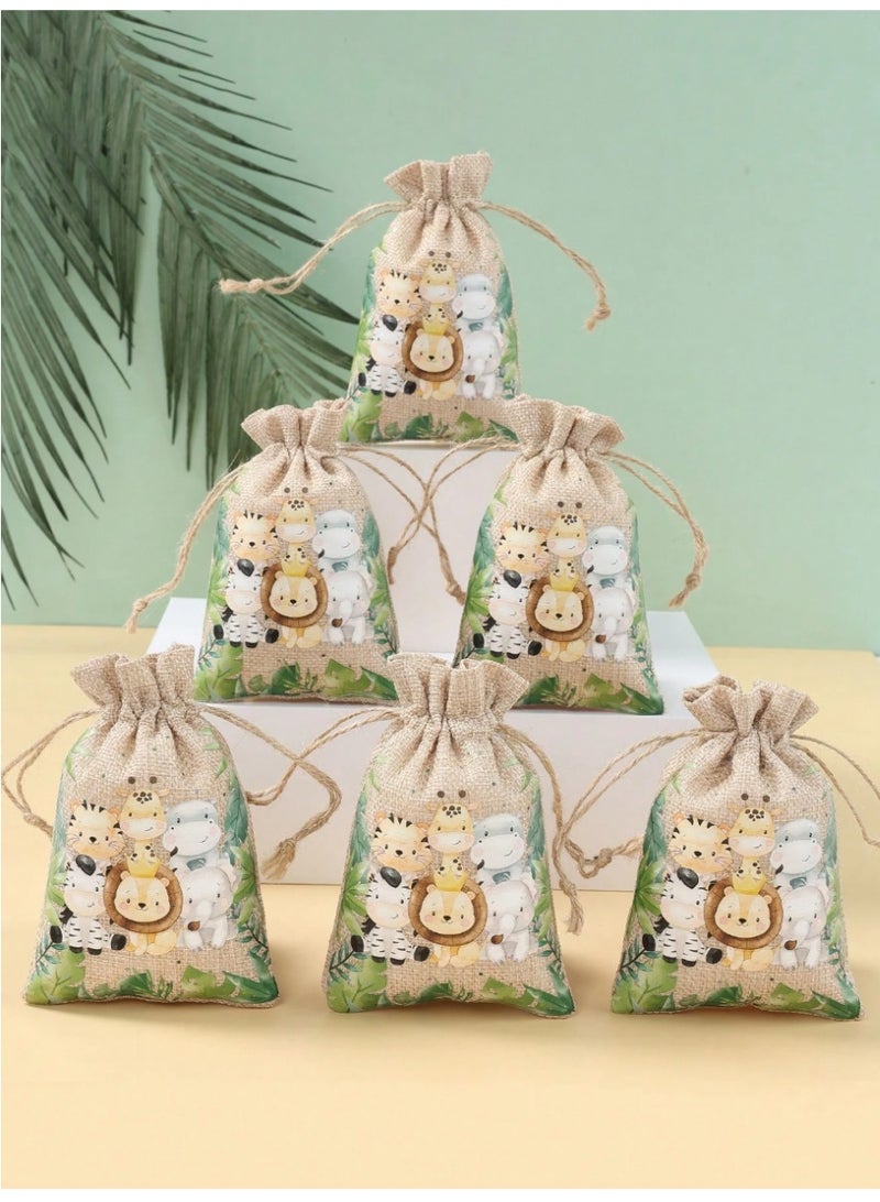 Fabric Bags for Gift and Candy Distributions for Birthday Parties and baby showers, 6 pieces with a Cute Animals paint - Image 1