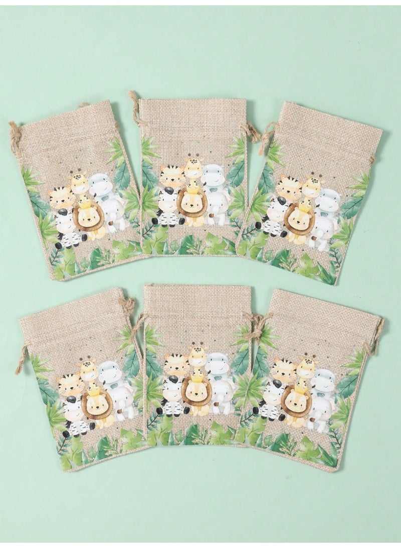 Fabric Bags for Gift and Candy Distributions for Birthday Parties and baby showers, 6 pieces with a Cute Animals paint - Image 2