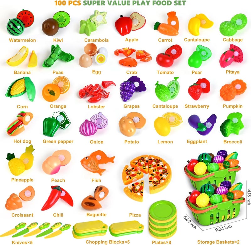 BAODLON 100 PCS Cutting Play Food Toy for Kids Kitchen, Pretend Food Kitchen Toys Accessories with 2 Baskets, Fake Food/Fruit/Vegetable, Christmas Birthday Gifts for 2 3 4 5 Years Old Toddlers Boys Girls - Image 2