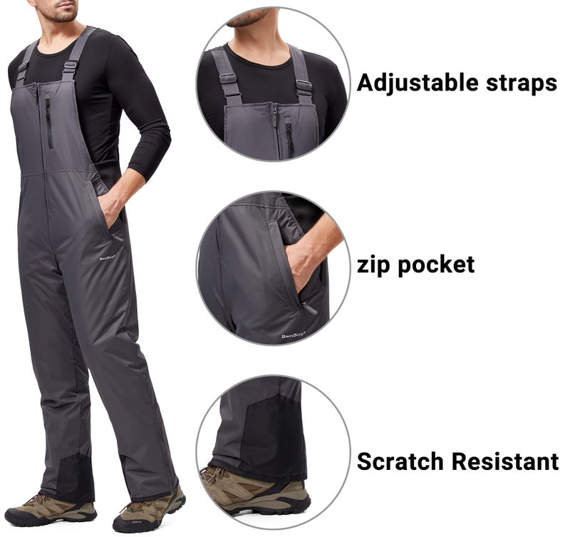 BenBoy Mens Snow Bibs Ski Pants Softshell Waterproof Insulated Ripstop Snowboarding Overalls Winter,HXK8018M-Grey1-XL - Image 4