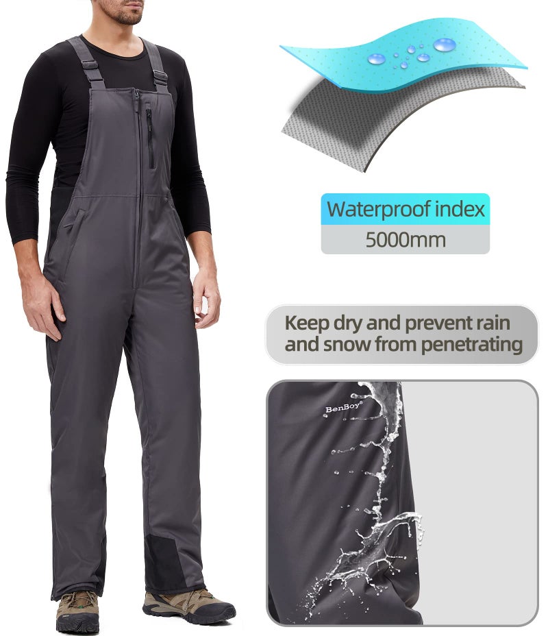 BenBoy Mens Snow Bibs Ski Pants Softshell Waterproof Insulated Ripstop Snowboarding Overalls Winter,HXK8018M-Grey1-XL - Image 2