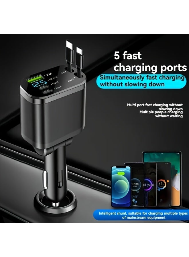 شاحن سيارة ذكي M4 5 في 1 مع كابلي تايب سي قابلين للسحب، ومنافذ USB-C و USB-A، وشاشة رقمية - Image 2