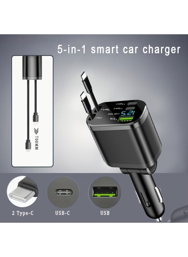 شاحن سيارة ذكي M4 5 في 1 مع كابلي تايب سي قابلين للسحب، ومنافذ USB-C و USB-A، وشاشة رقمية - Image 1