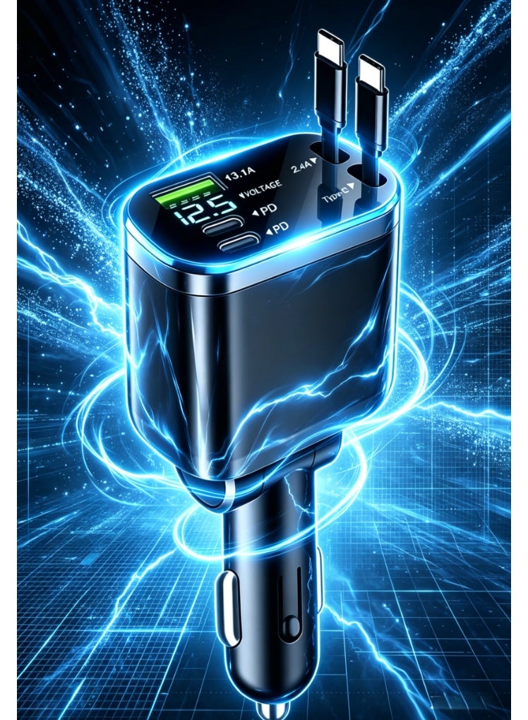 شاحن سيارة ذكي M4 5 في 1 مع كابلي تايب سي قابلين للسحب، ومنافذ USB-C و USB-A، وشاشة رقمية - Image 3