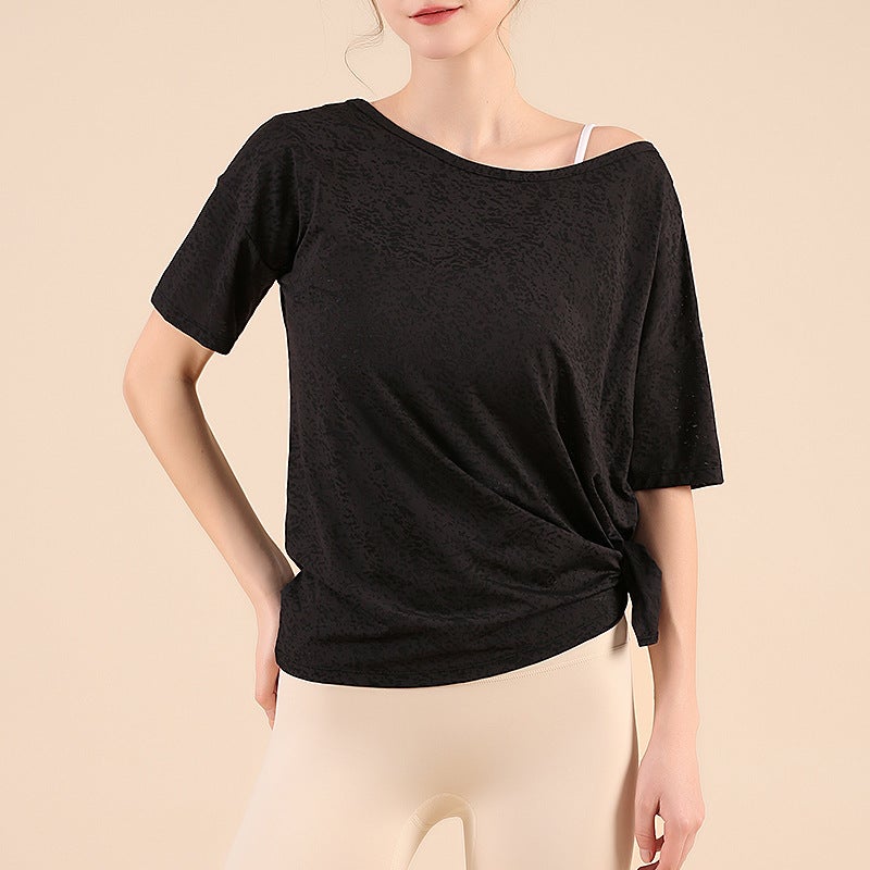 Generic Summer New Style Mesh Yoga Suit Quick-drying Breathable Loose Slimming Short-sleeved Sports Blouse Yoga Top Fitness Suit Black flower net 