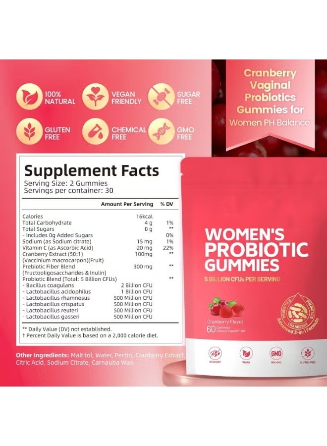 Day Wins Women's Probiotic Gummies, Women Probiotic, Feminine Balance pH Gummies for Healthy Odor, Yeast Balance & Flora + Vitamin C for Immune Support -Cranberry Probiotics 60 Gummies - Image 2