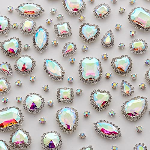 TANOSII Sew on Rhinestones 100 PCS Mixed Shapes Glass Rhinestones Sew on Crystal Gems Mental Flatback with Silver Claw for Jewelry Crafts Clothes Shoes Costume Garment AB White Type 1 - Image 1