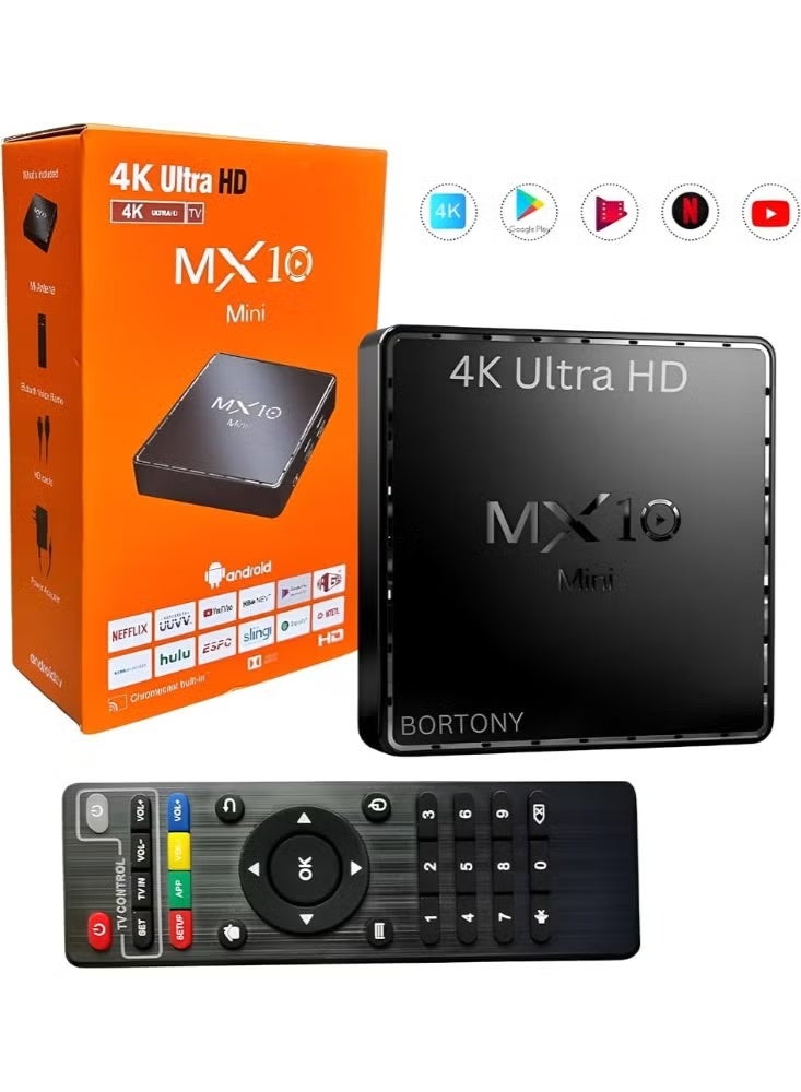 MX10 4K Android Smart TV Box with Remote, Chromecast Built-in, High-Speed Streaming, Multi-format Playback, Wi-Fi Media Hub for Movies, Series, and Gaming – Black - Image 1