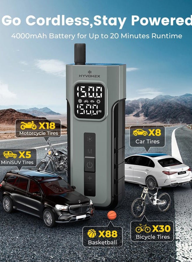 HYVOHEX Tire Inflator Portable Air Compressor, 1 Min Fast Inflation Cordless Bike Pump with Digital Pressure Gauge LED Light, 150 PSI Electric Air Pump for Car Tires, Bicycle, Motorcycle, Ball - Image 3