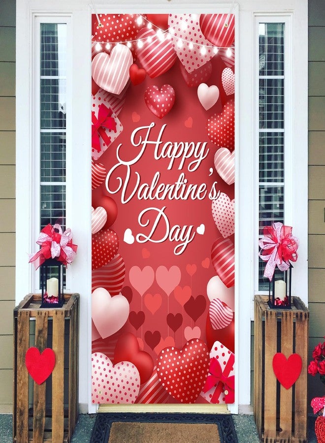 Photken لافتة عيد الحب السعيد مقاس 73 × 36 بوصة، لافتة شرفة مزينة بقلب أحمر وعلبة هدايا، خلفية جدارية كبيرة للباب الأمامي لتزيين الحفلات الرومانسية الداخلية والخارجية ودعائم كشك الصور - Image 4