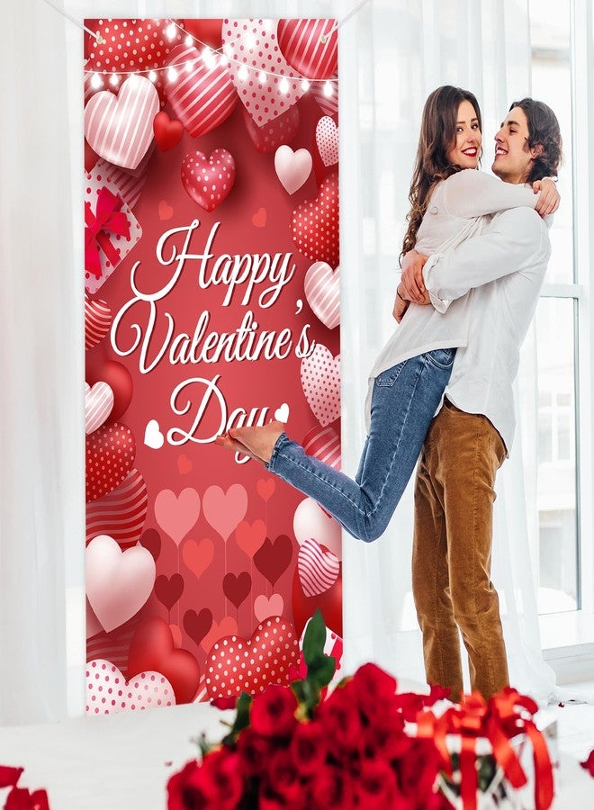 Photken لافتة عيد الحب السعيد مقاس 73 × 36 بوصة، لافتة شرفة مزينة بقلب أحمر وعلبة هدايا، خلفية جدارية كبيرة للباب الأمامي لتزيين الحفلات الرومانسية الداخلية والخارجية ودعائم كشك الصور - Image 5