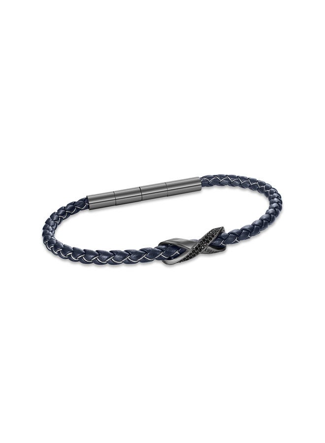 CERRUTI 1881 Franco Gunmetal Stainless Steel and Navy Blue Leather Braided Bracelet for Men 180mm - Image 1