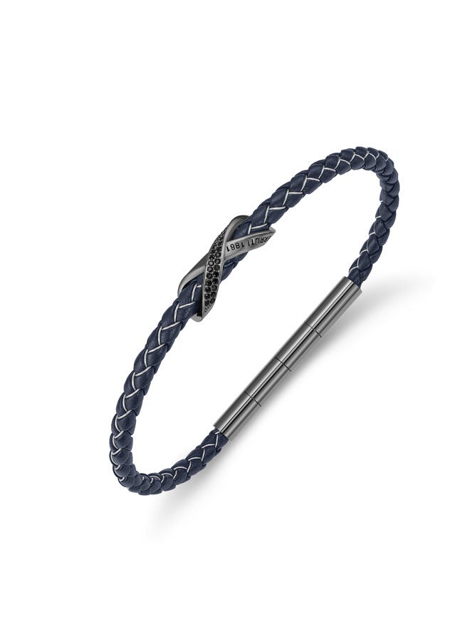 CERRUTI 1881 Franco Gunmetal Stainless Steel and Navy Blue Leather Braided Bracelet for Men 180mm - Image 2