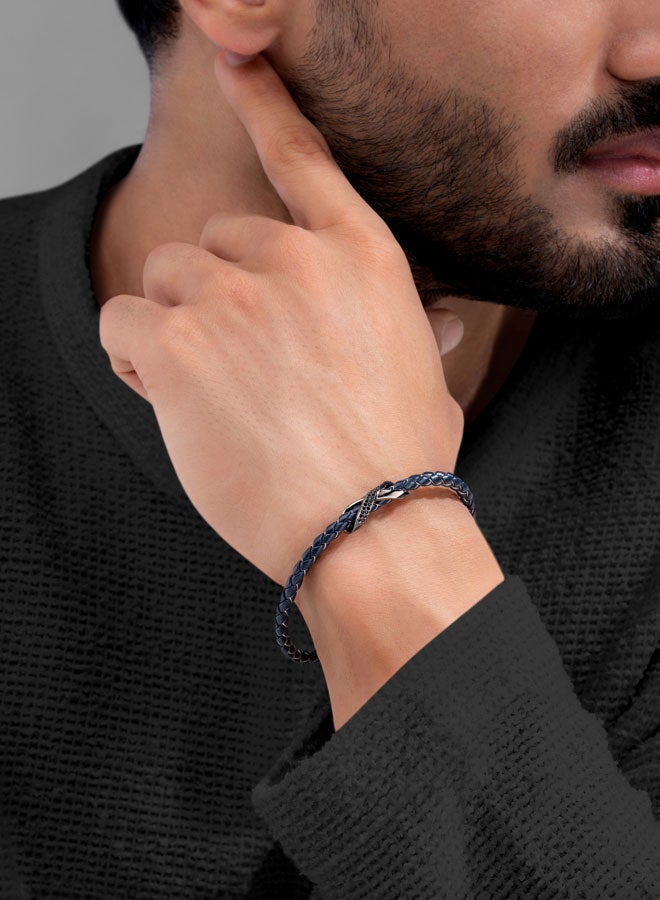 CERRUTI 1881 Franco Gunmetal Stainless Steel and Navy Blue Leather Braided Bracelet for Men 180mm - Image 4