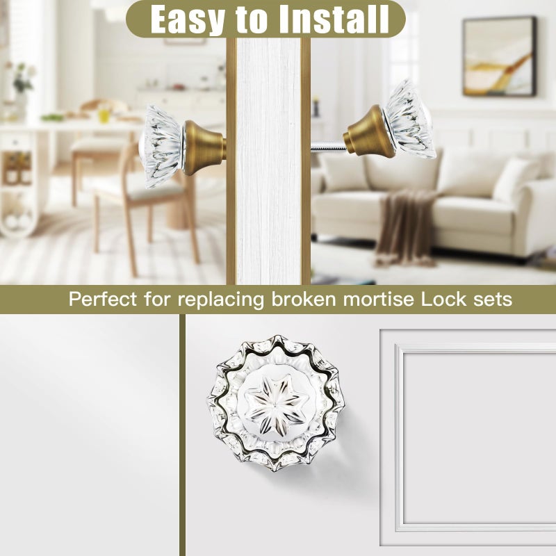 newliplace 1 Pack Glass Door Knobs Interior Mortise Lock Replacement Set with Spindle, Vintage Crystal Door Knobs for Replacing Broken Old Antique Lock Sets on Interior Door, Antique Brass Finish - Image 4