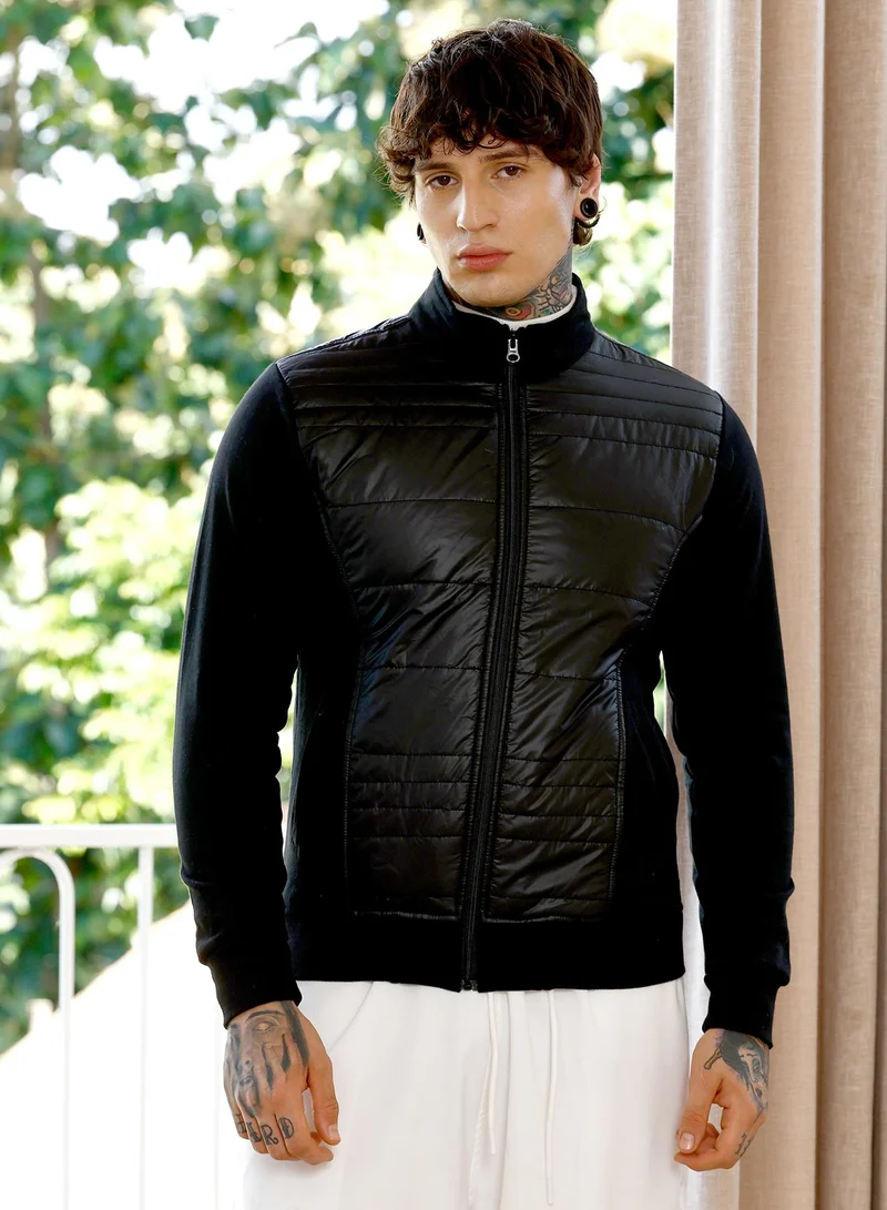 Campus Sutra Men's Zip-Front Patch-Block Jacket | Stand Collar , Long Ribbed Cuff Sleeves , Zipper Closure , Ribbed-Straight Hem | Solid Knitted Plain For Casual & Daily | Onyx Black