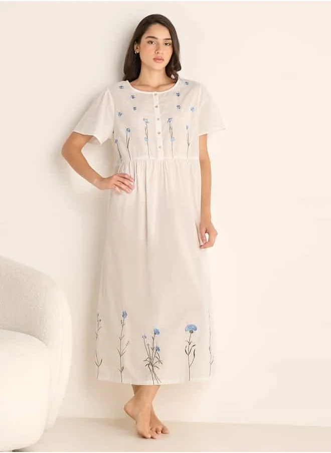 FAV Embroidered Night Dress with Round Neck and Short Sleeves