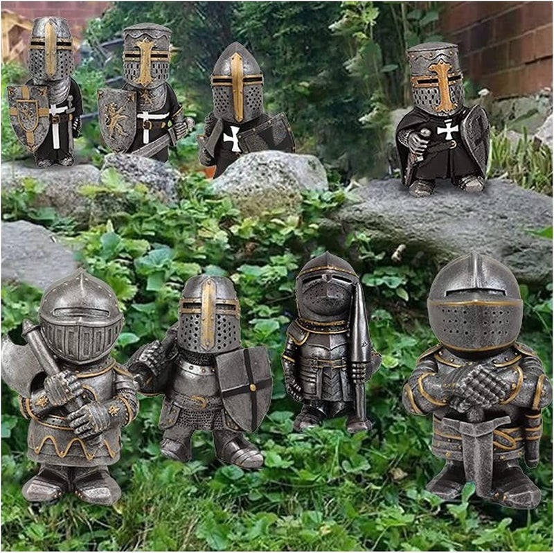CAFELE Knight Gnomes Guard Garden Statues 2021 Christmas Guardians Gnomes, Renaissance Medieval Cross Templar Crusader Figurine, Armor Miniature European Knights Sculpture for Yard Lawn Art Decor (8 pcs) - Image 1