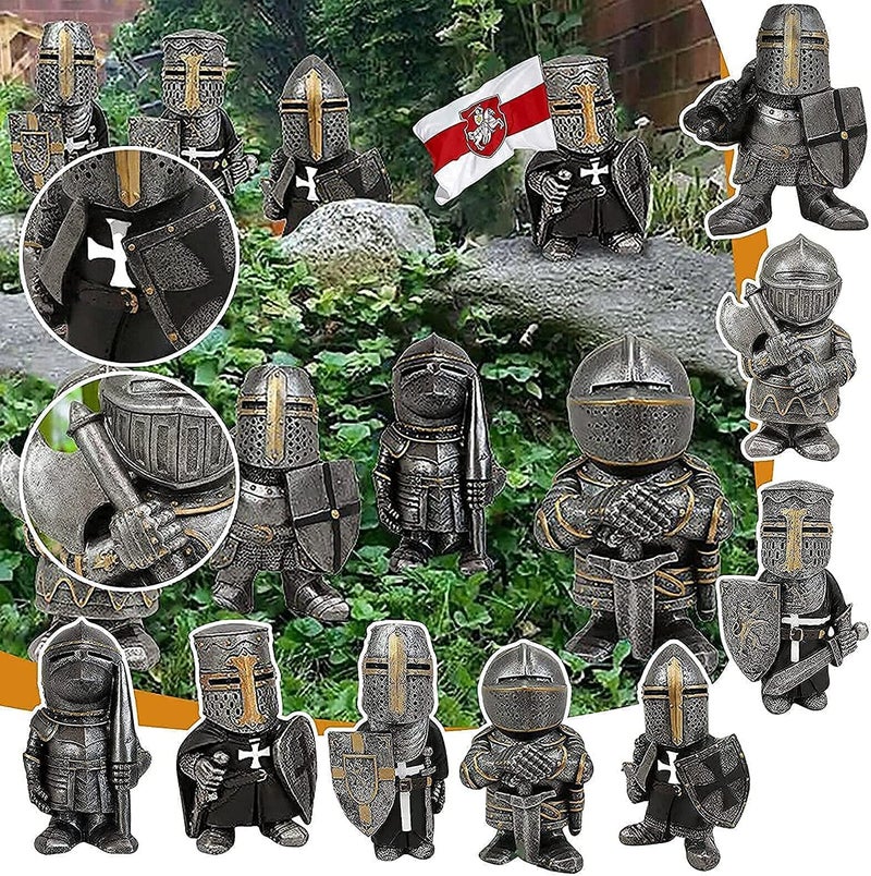 CAFELE Knight Gnomes Guard Garden Statues 2021 Christmas Guardians Gnomes, Renaissance Medieval Cross Templar Crusader Figurine, Armor Miniature European Knights Sculpture for Yard Lawn Art Decor (8 pcs) - Image 2