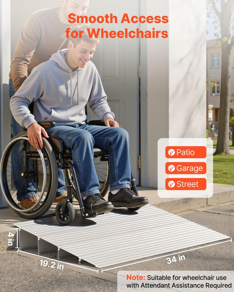 VEVOR Door Threshold Ramp 4â€˜â€™ Rise Aluminum Alloy Threshold Ramp Rated 800 lbs Load Capacity, Handicap Ramps for Home Steps for Wheelchair, Scooters, Power Chairs, Walkers, Bicycle, Tricycle - Image 2