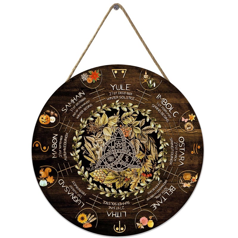 Fenarenes Wheel Year Wood Sign, Sabbats Pagan Witch Sign, Wiccan Holidays, Wicca Calendar, Yule Altar, Celestial Sign, Vintage Christmas Sign,Halloween Decor,Christmas Decor 12x12 Inch - Image 1