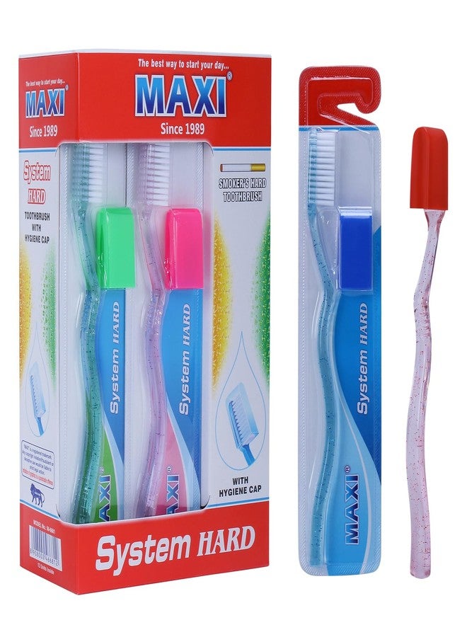 MAXI System Hard Toothbrush for Adults | Deep Plaque & Stain Removal | Anti-Bacterial Travel Cap | Manual Big Head Hard Bristles Tooth Brush | Multicolor Pack of 12 - Image 1